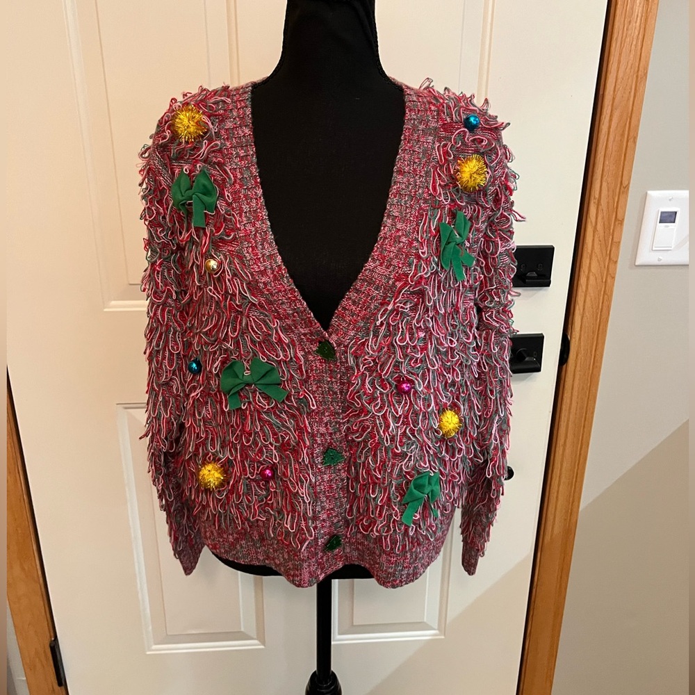 Women’s Christmas holiday bows ornaments button shaggy red green pink cardigan.